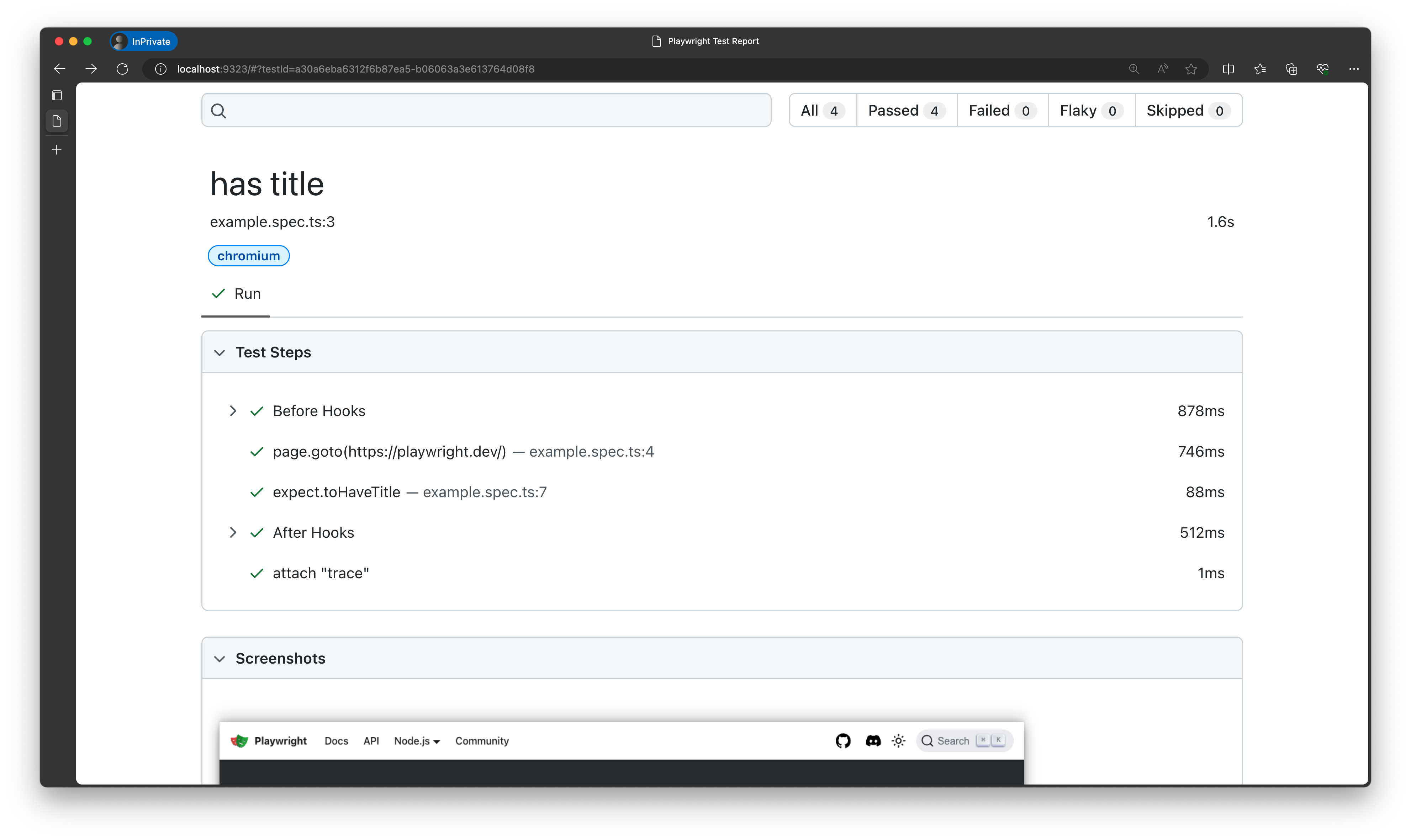 Et skærmbillede, der viser rapporter om hver test.