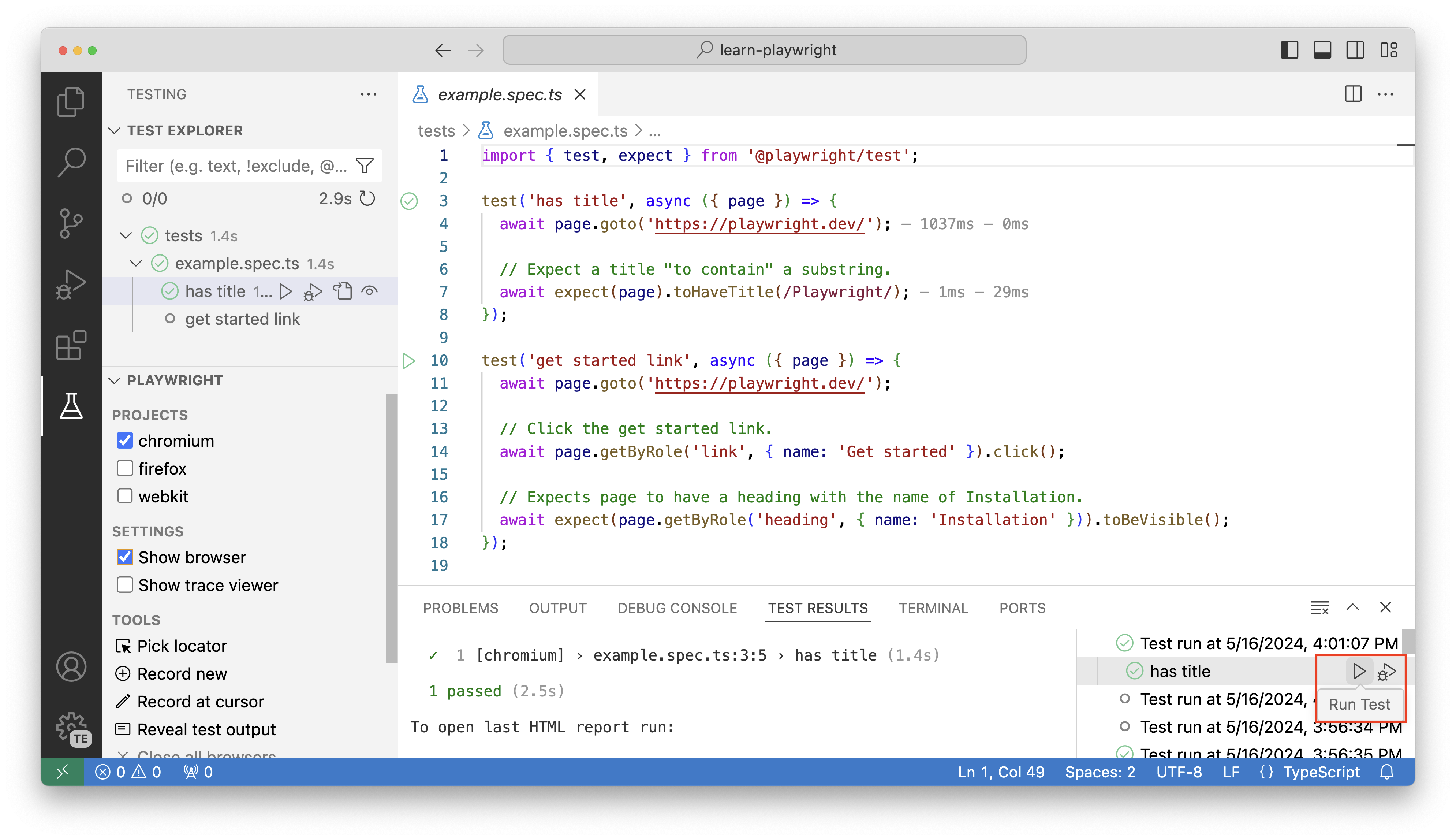 Et skærmbillede, der viser oversigten over udførelser af test.