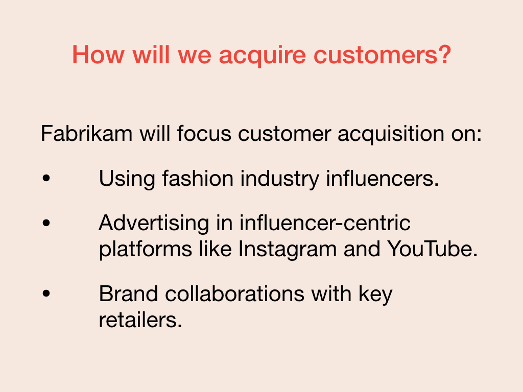 Slide, der beskriver Fabrikams strategi for at erhverve kunder.