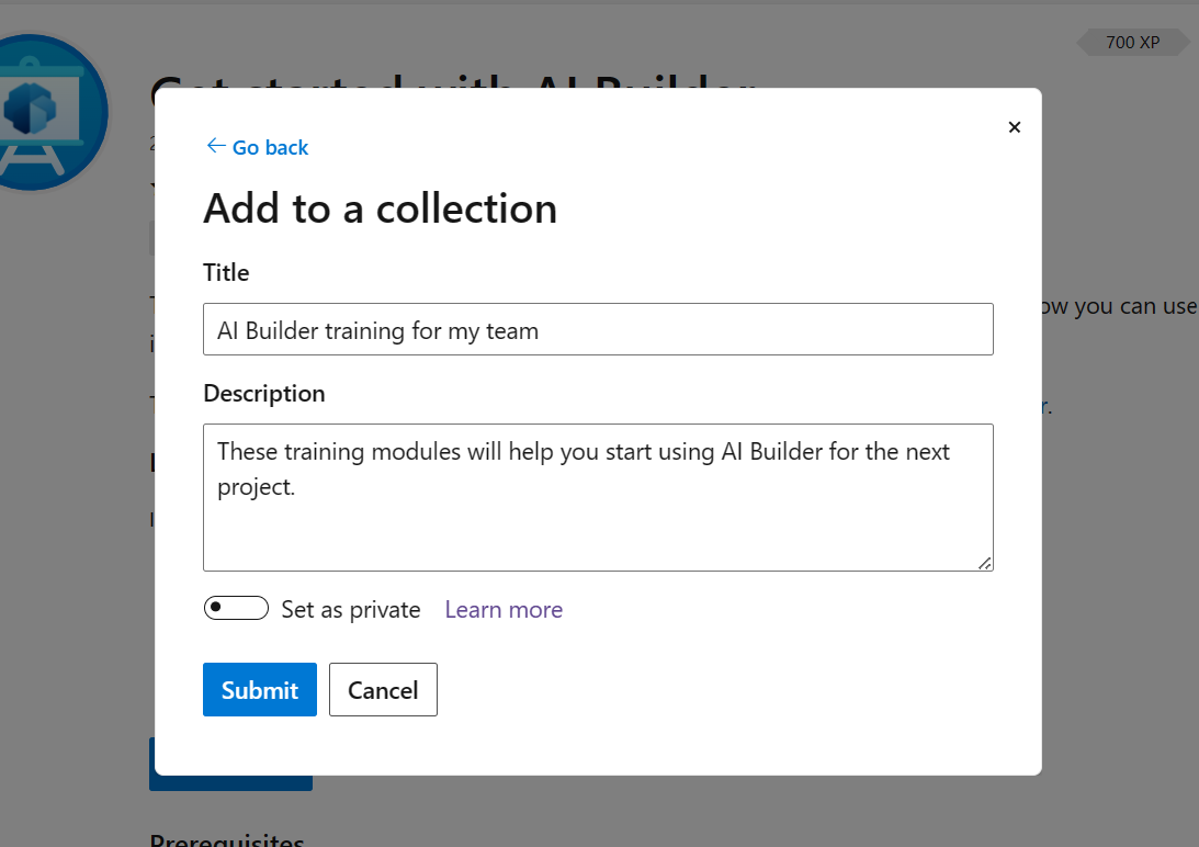 Skærmbillede, der viser et titel- og beskrivelsesfelt i et eksempel på Microsoft Collection.