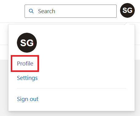 Skærmbillede af en Microsoft Learn-kontomenu for at få adgang til profilen.