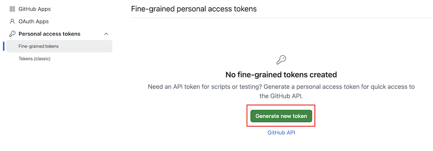 Skærmbillede, der viser en knap til oprettelse af et nyt personligt GitHub-adgangstoken.