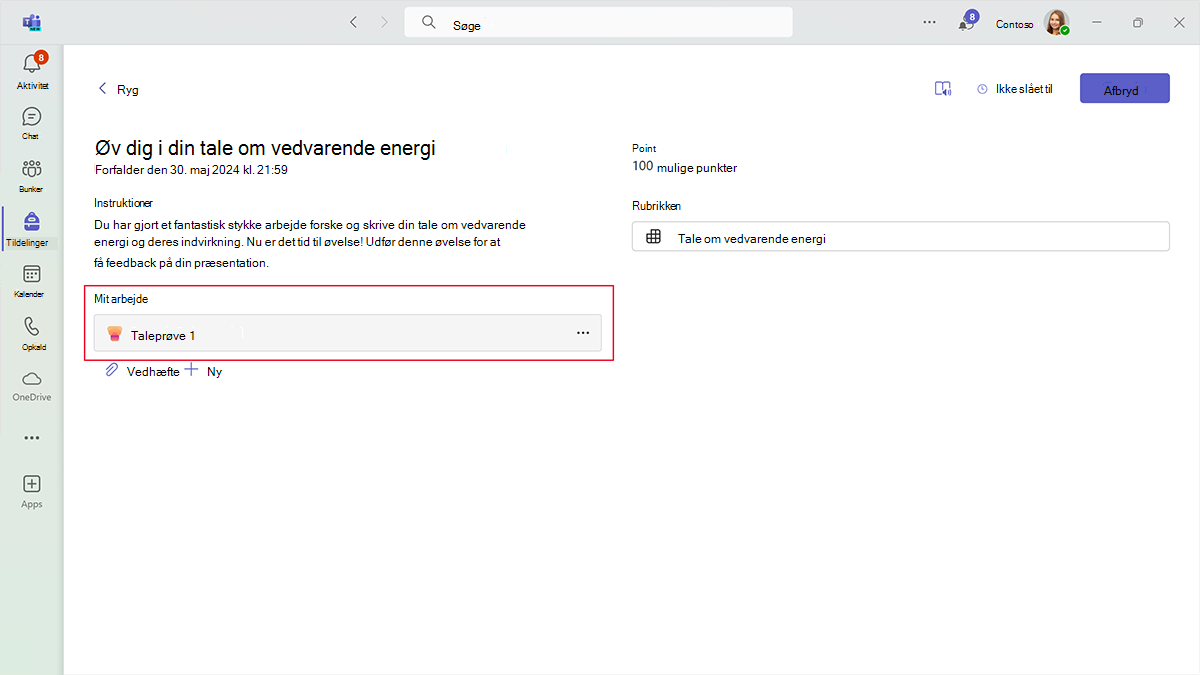 Skærmbillede af den vedhæftede fil Taleprøve i afsnittet Mit arbejde i en tildeling af talestatus.