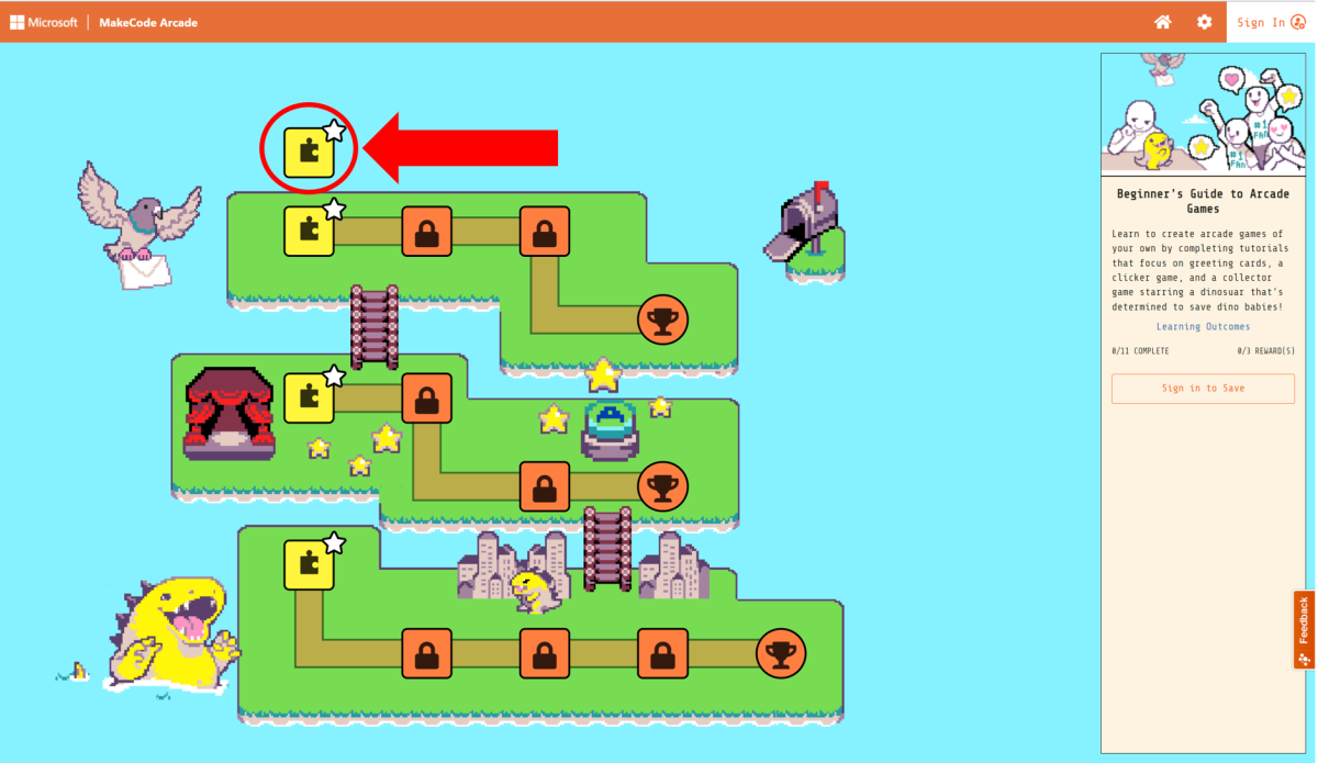 Screenshot of MakeCode Arcade tutorial on beginner skill map.