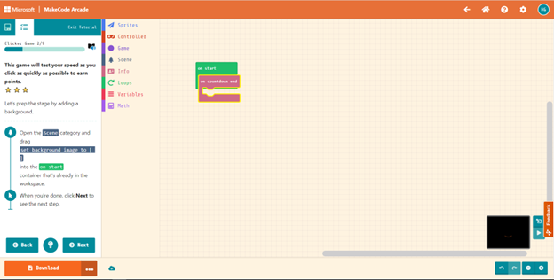 Screenshot of the MakeCode coding interface with drag and drop blocks.