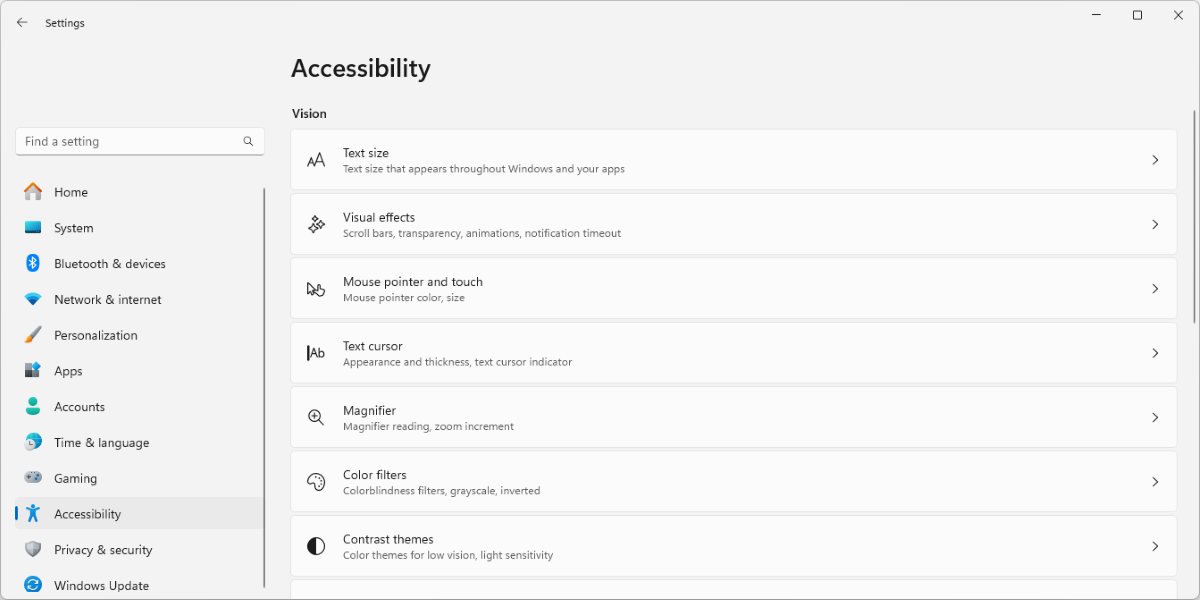 Screenshot of Windows 11 accessibility settings.