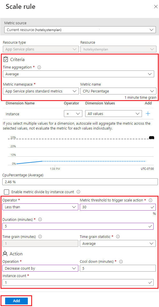 Screenshot of the web app in the Azure portal while configuring the autoscaling scale-in rule.