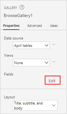 Screenshot of the gallery properties with the edit button highlighted under Fields.