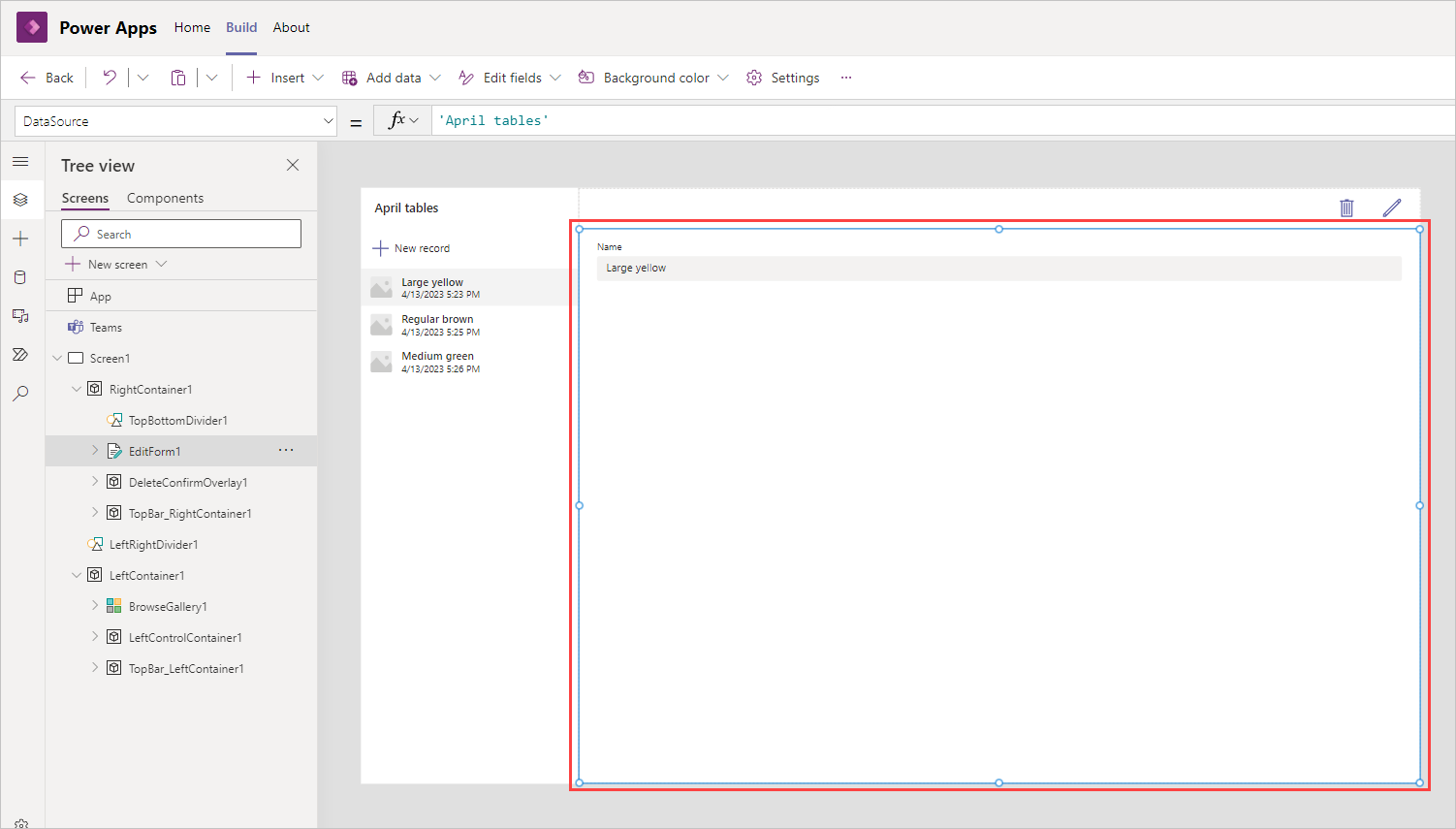 Screenshot showing Screen1 of the app with EditForm1 selected.