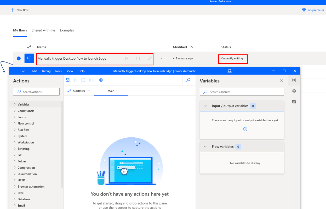 Screenshot of the opened desktop flow.