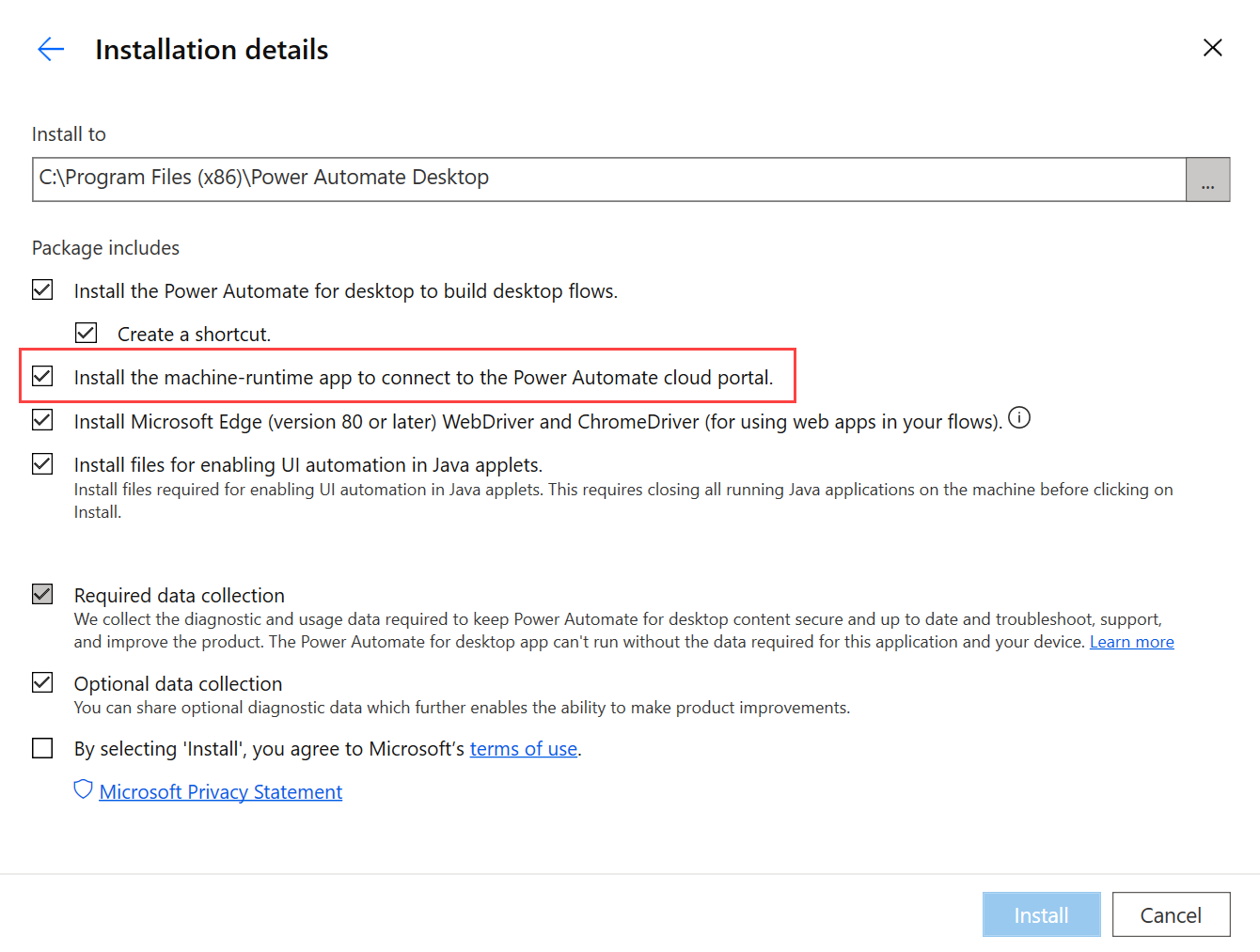 Screenshot of the installation details and the Install button.