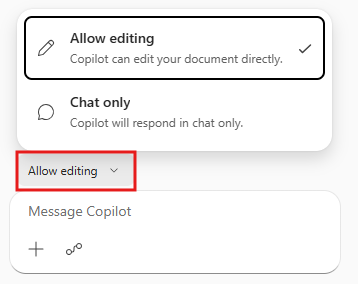Skærmbillede, der viser muligheden Tillad redigering i Microsoft 365 Copilot.