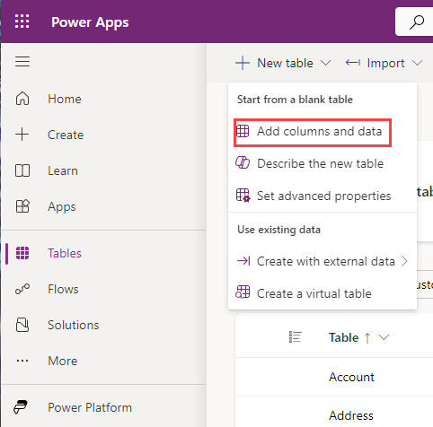 Screenshot of creating a new table in Dataverse.