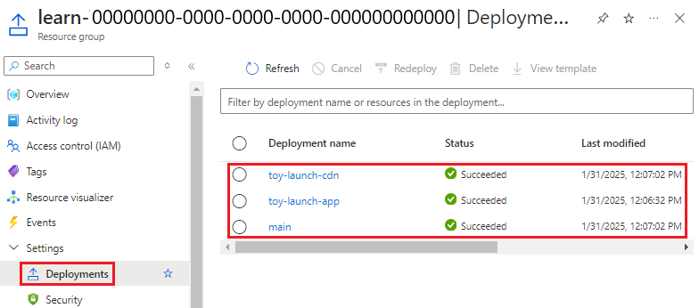 Skærmbillede af Azure Portal, der viser ressourcegruppen, hvor menupunktet Udrulninger er fremhævet.