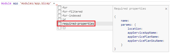 Skærmbillede af Visual Studio Code, der viser muligheden for at stilladse et modul med de påkrævede egenskaber.