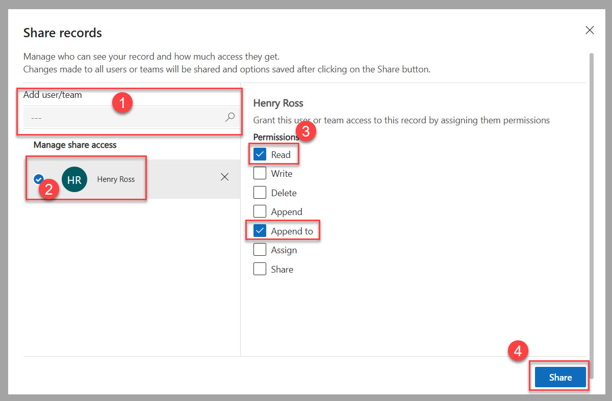 Screenshot of the Share records screen, showing permissions selected.