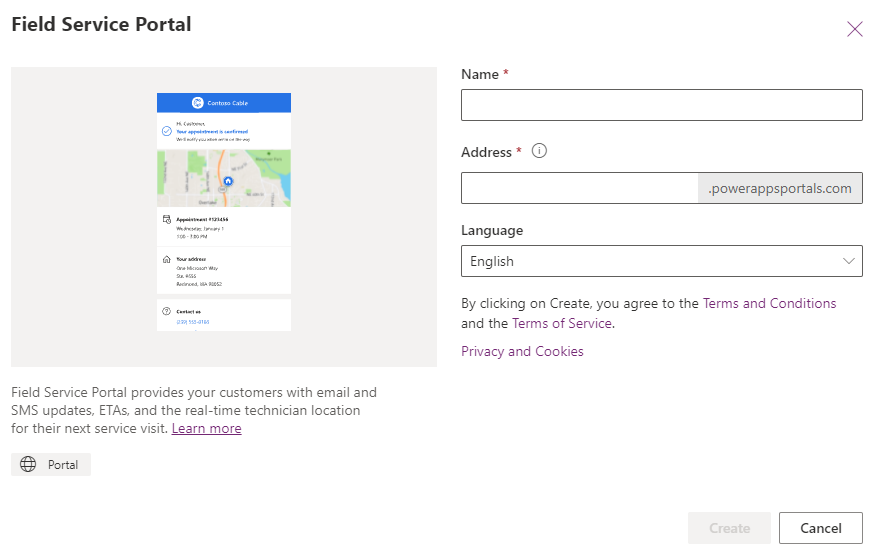 Screenshot showing the new portal dialog.