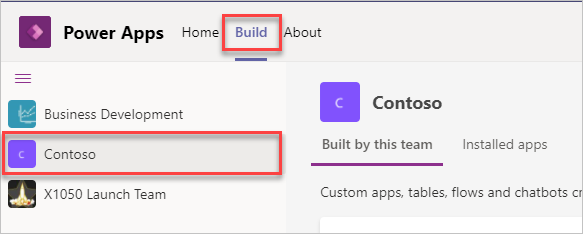 Screenshot of the Build tab in Power Apps with the Contoso team highlighted.