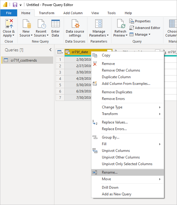Screenshot of Power Query Editor with the first column name right-clicked and the Rename option selected.