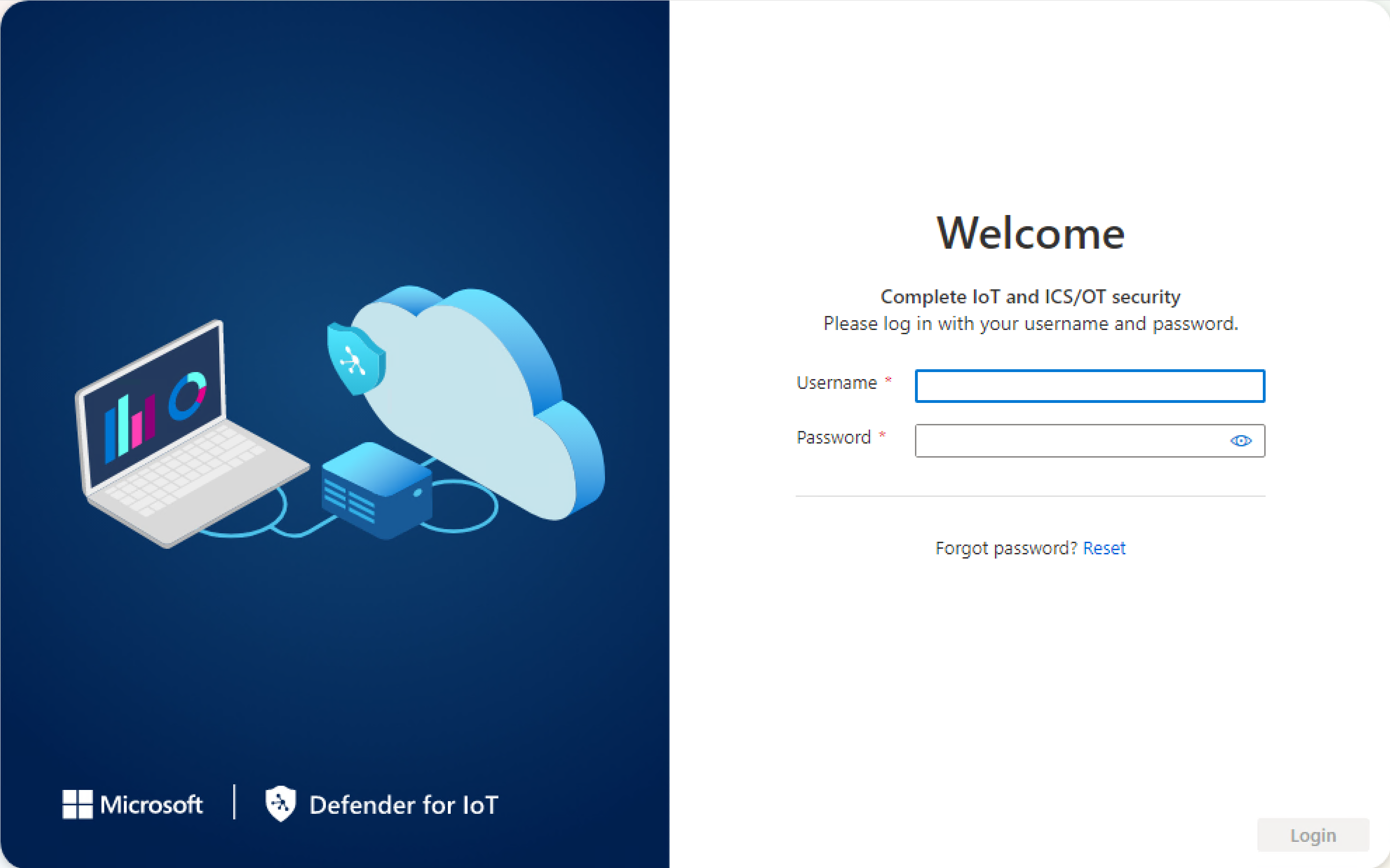 Skærmbillede af , der viser det første logon til sensorkonsollen.
