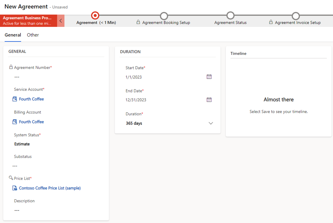 Screenshot showing a sample of a new agreement.
