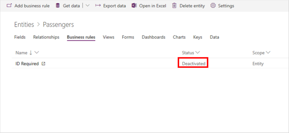 Screenshot of business rule with status Deactivated.