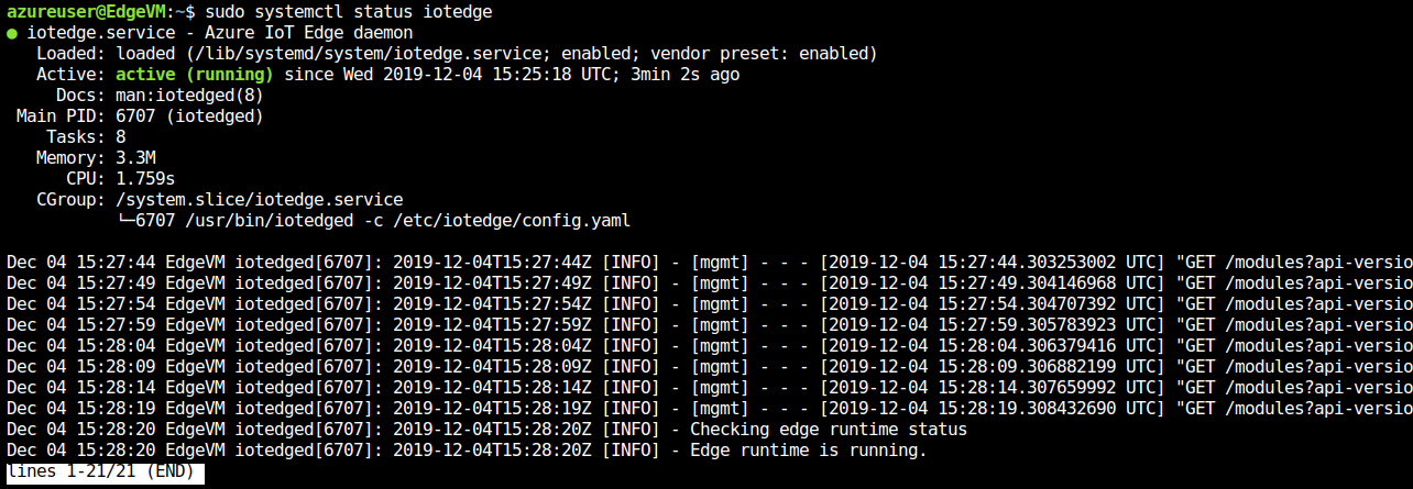 Skærmbillede, der viser status for Azure IoT Edge-daemon.