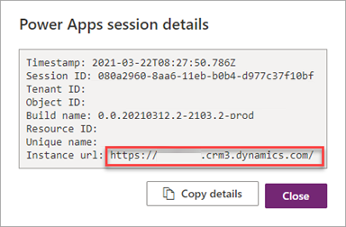 Screenshot showing session details and where to find the instance U R L.