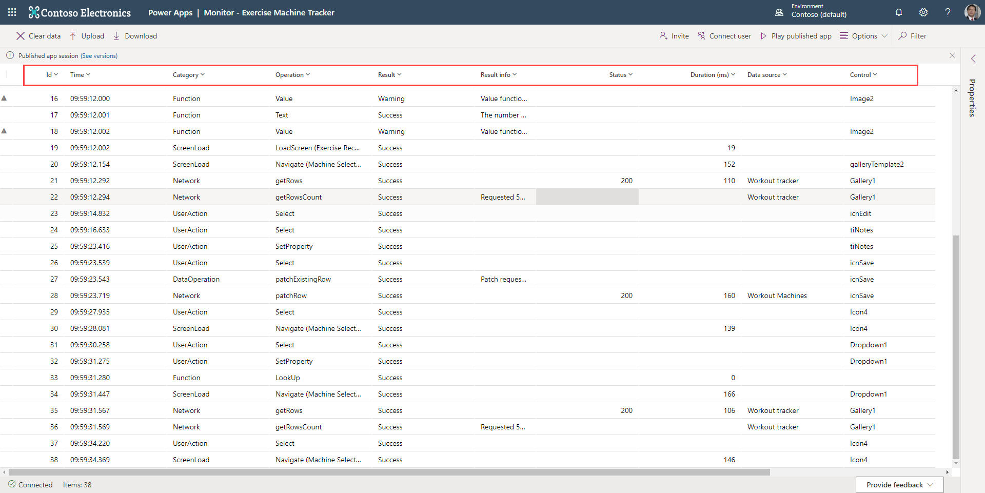 Screenshot of Monitor dashboard with the columns highlighted.