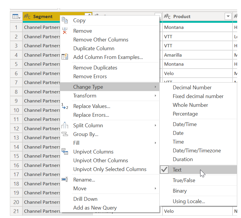 Skærmbillede af menuen Skift type.