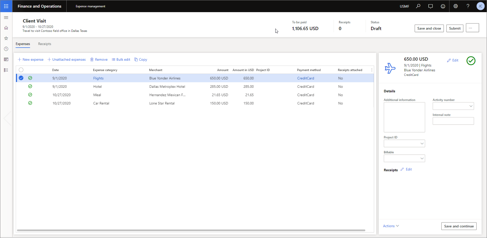 Screenshot of the Expense management page.