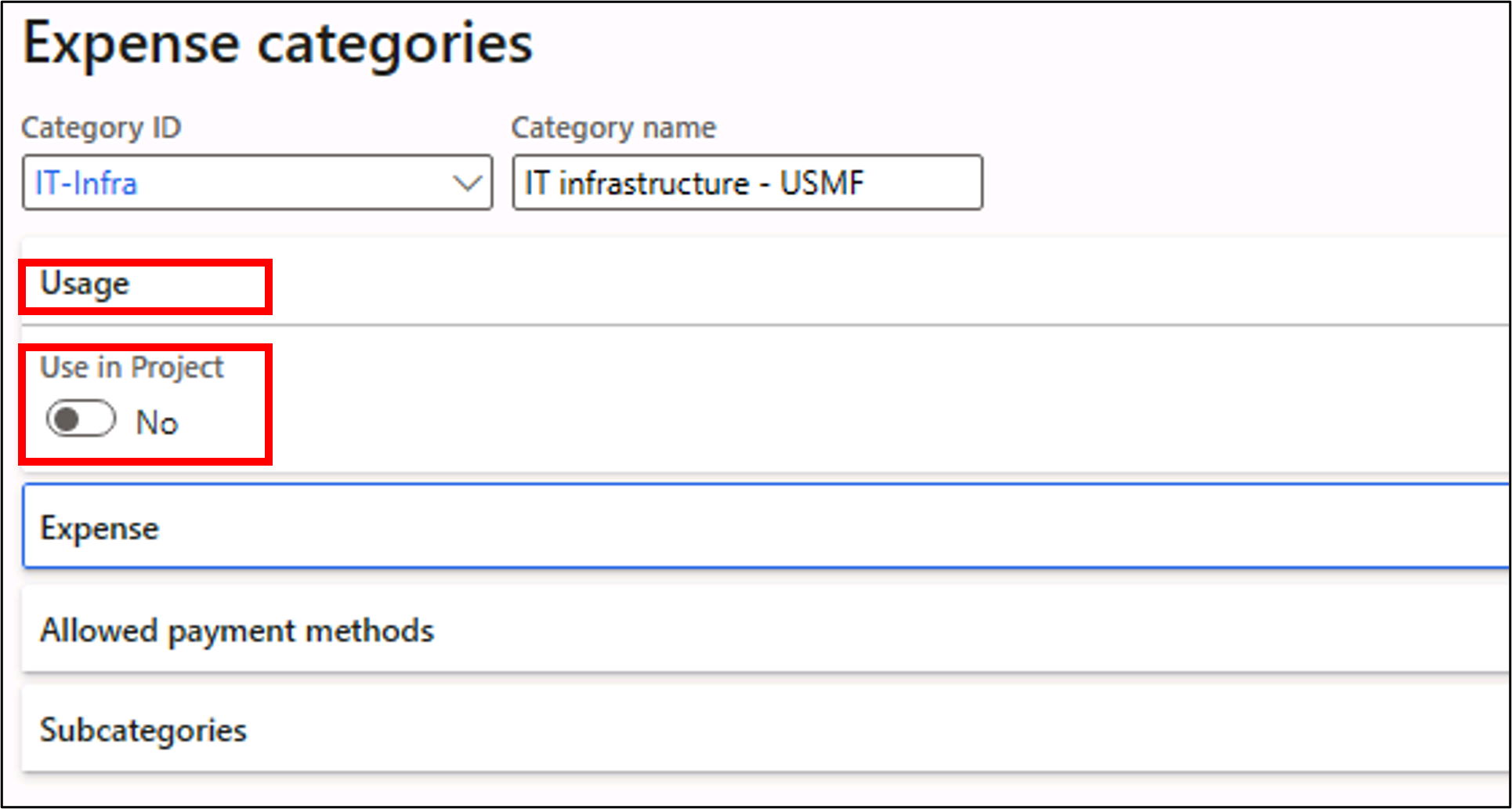 Screenshot of the Expense categories page and selections on the Usage FastTab.