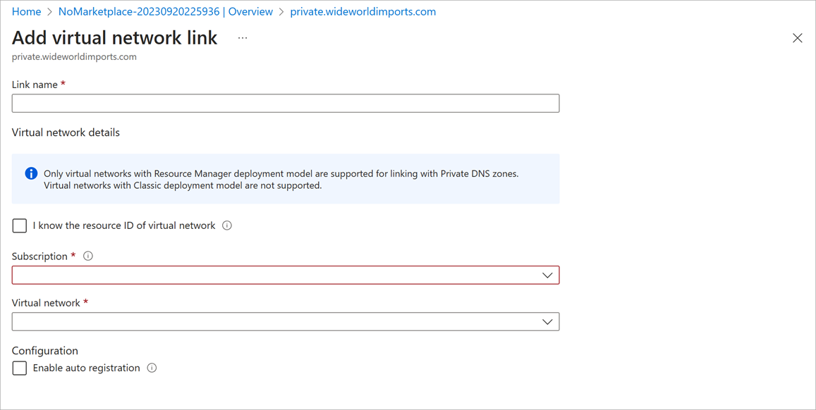 Screenshot of Add virtual network link page.