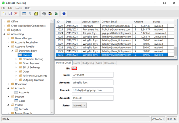 Screenshot of Contoso Invoicing with Invoices selected and Invoice ID highlighted.