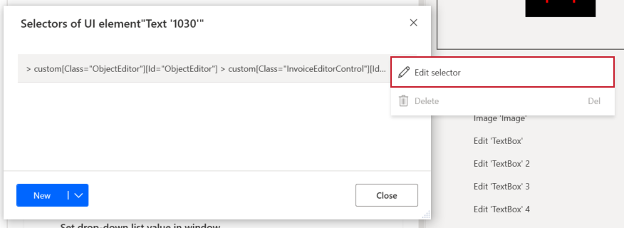 Screenshot of the Selectors of UI element Text 1030 dialog with the Edit selector option highlighted.