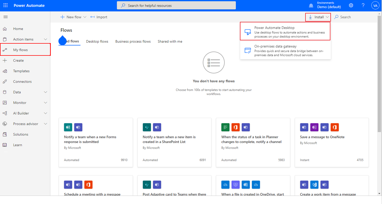 Screenshot of Power Automate with the Install button expanded and Power Automate for desktop highlighted.