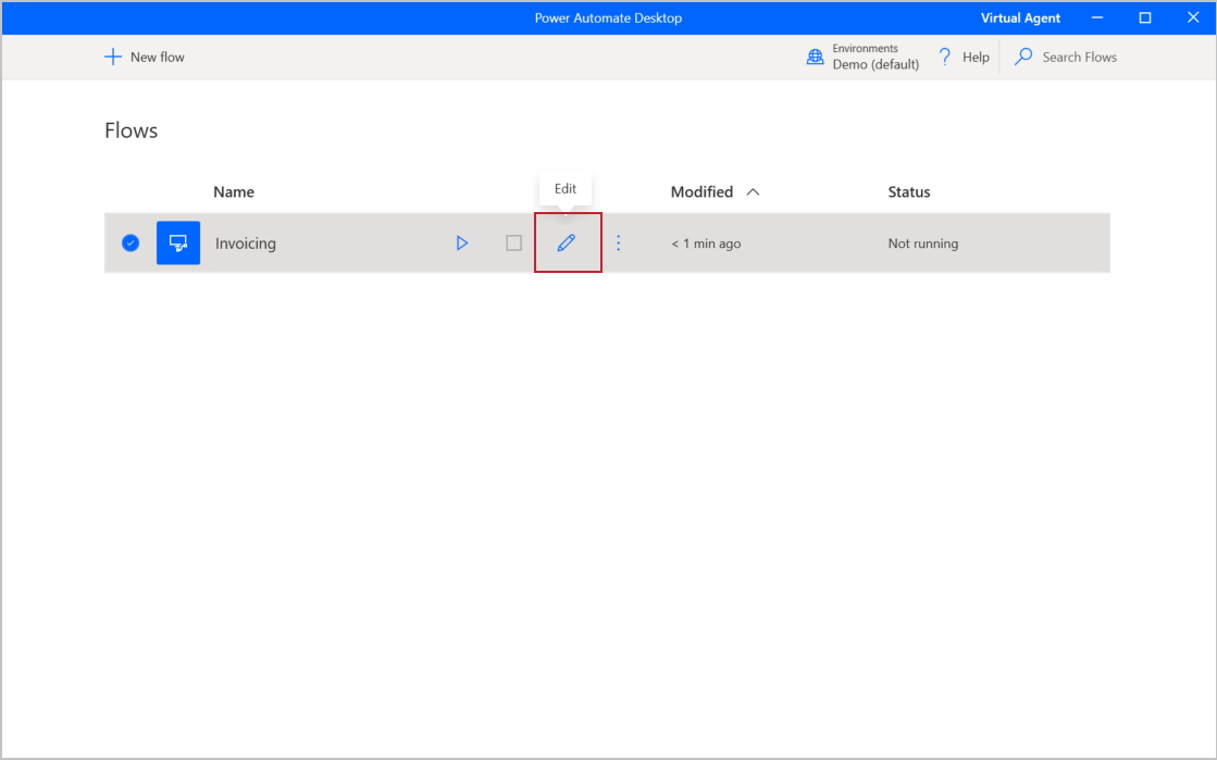 Screenshot of the Flows section in Power Automate for desktop with the Edit icon highlighted.
