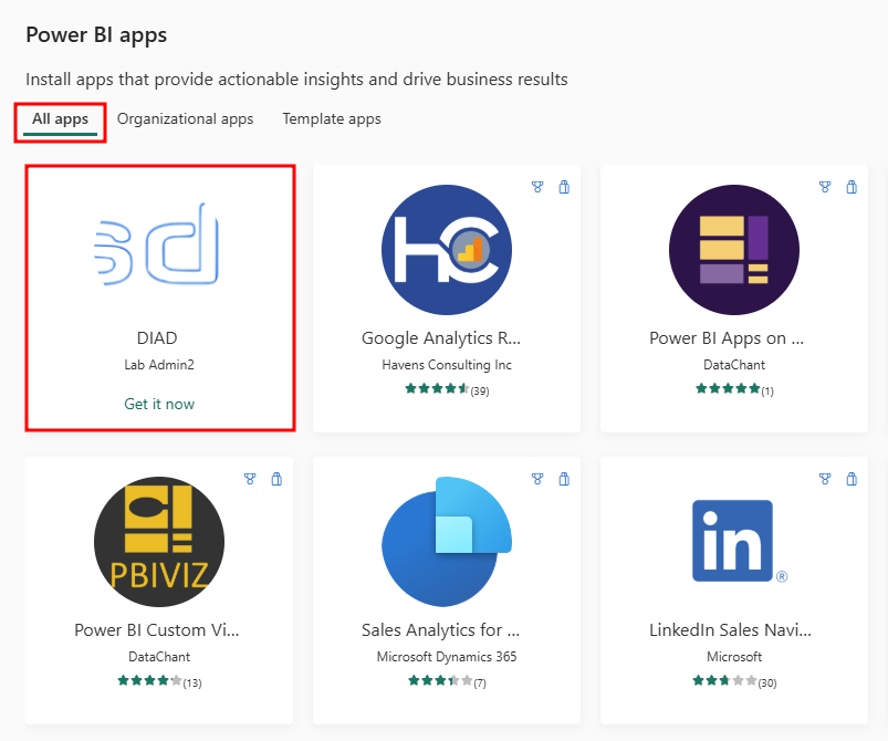 Et skærmbillede af Power BI app-dialogvinduet med appen DIAD fremhævet.
