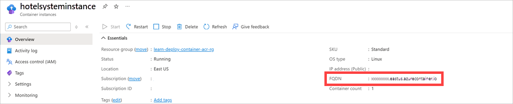 Screenshot that shows the New pane in Azure portal showing the Container properties with the FQDN highlighted.