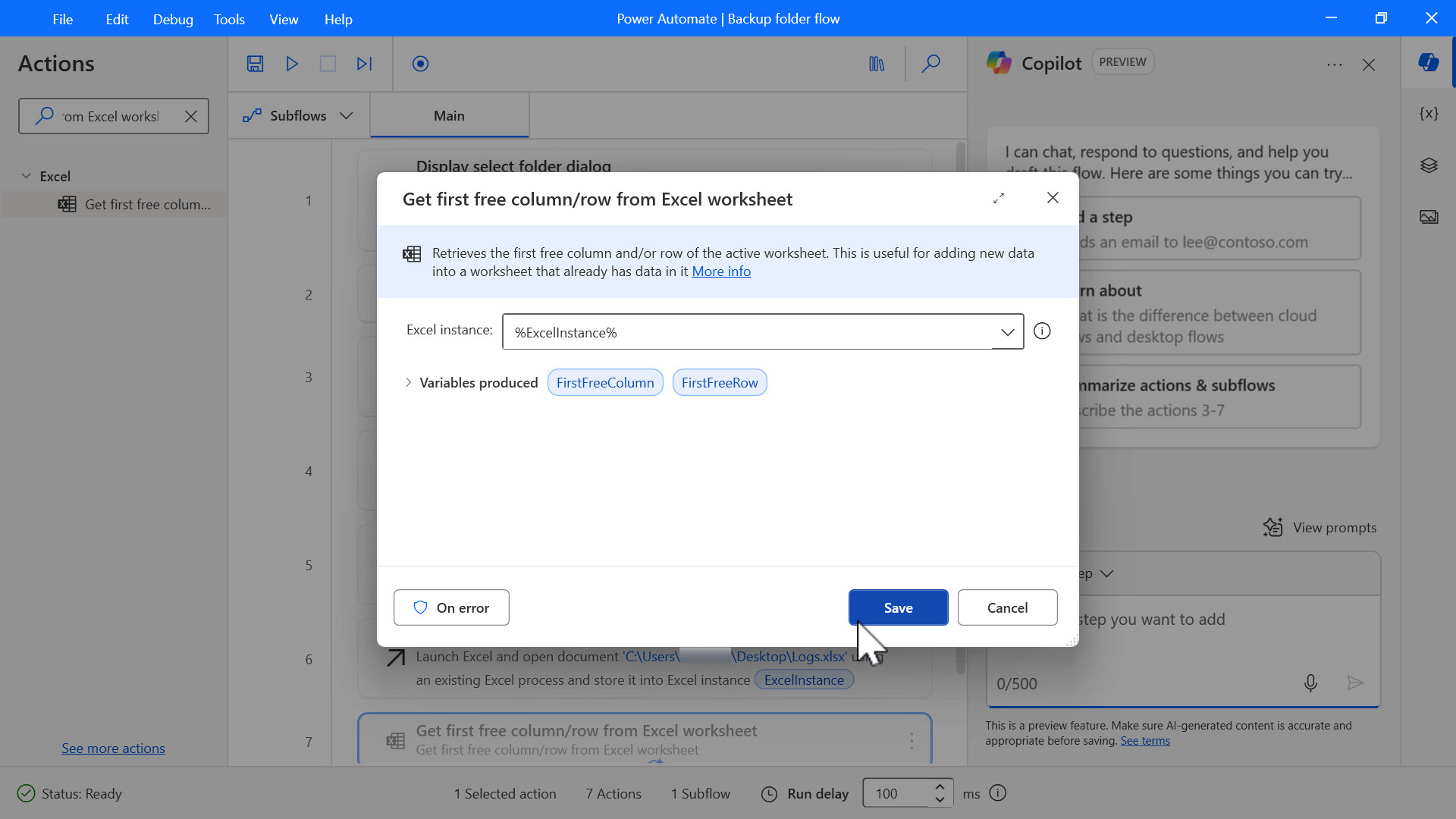 Screenshot of the Get free column/row from Excel worksheet.