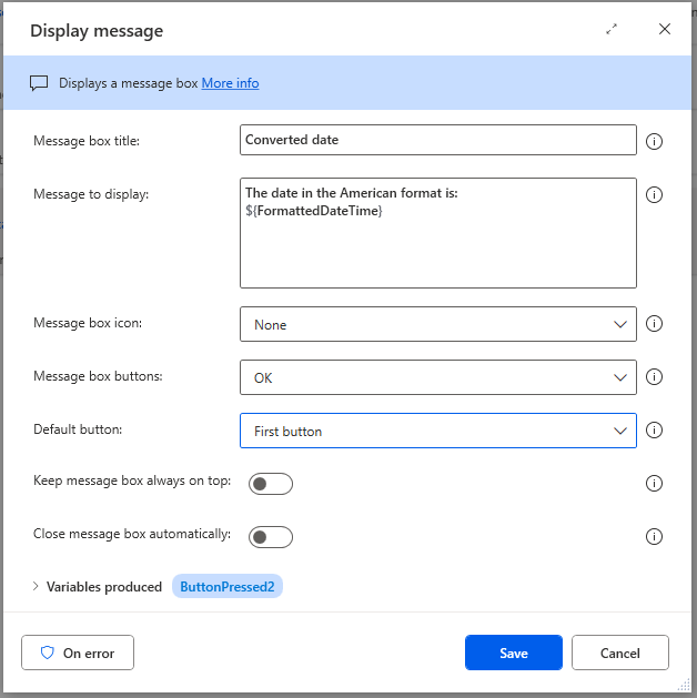 Screenshot of the Display message action.