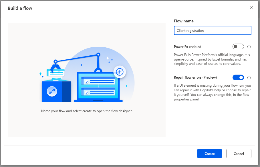 Screenshot of the Build a flow dialog.