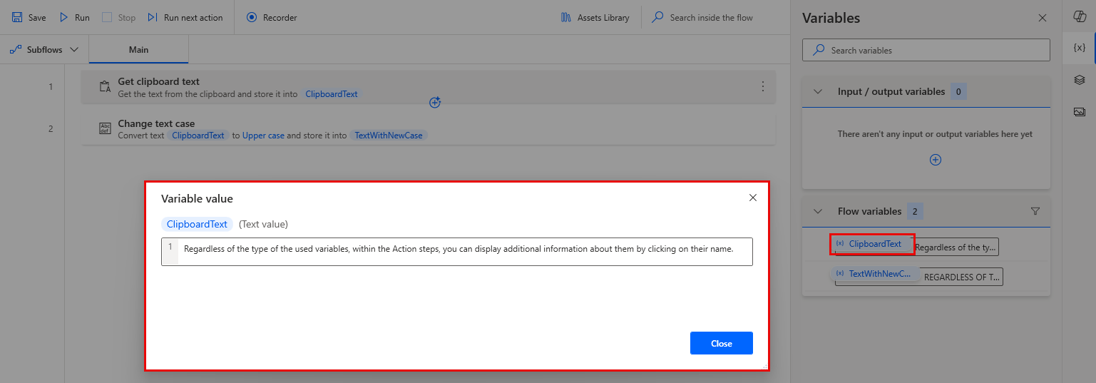 Screenshot of the displayed variable's information.