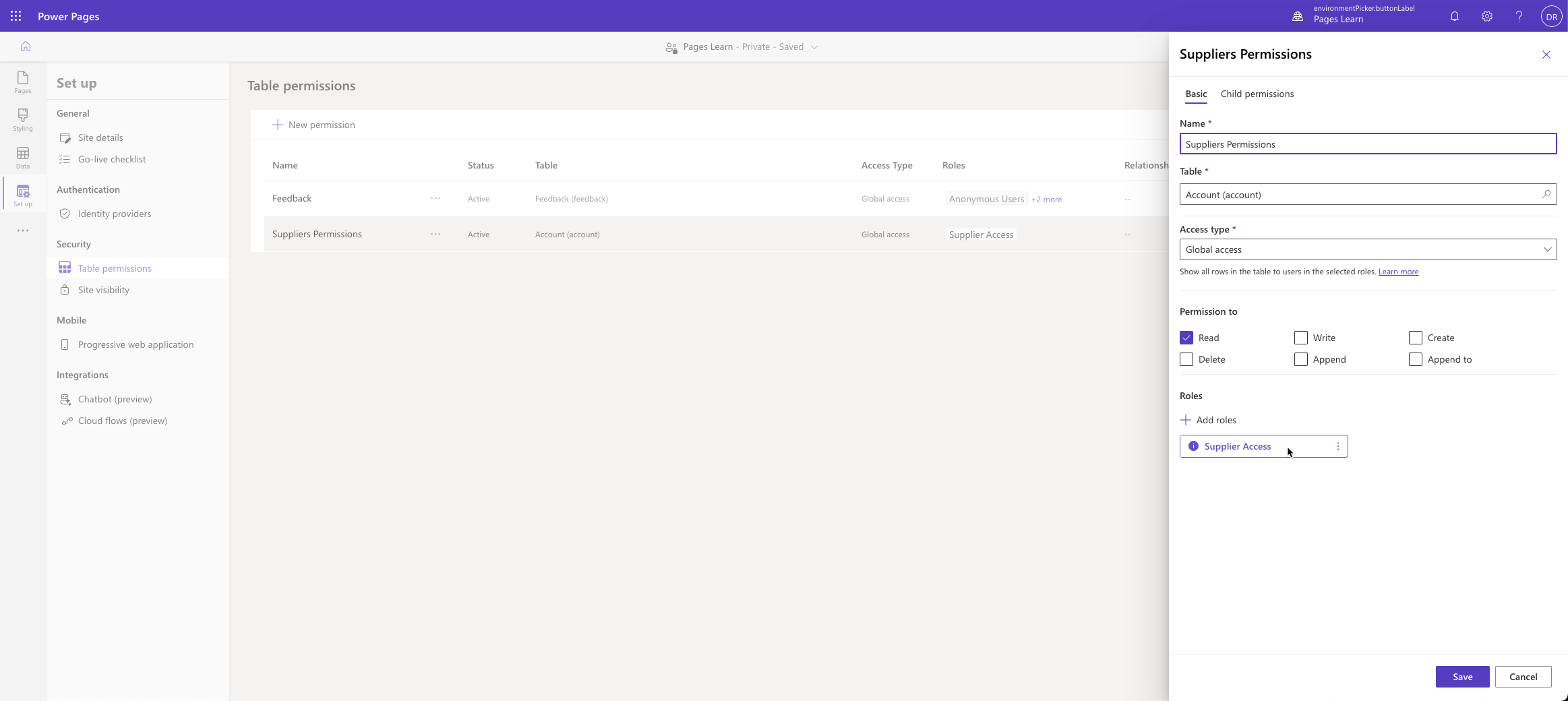 Screenshot of the Suppliers Permissions table permission row with the Properties pane open and Suppliers role showing as associated with the table permission row.