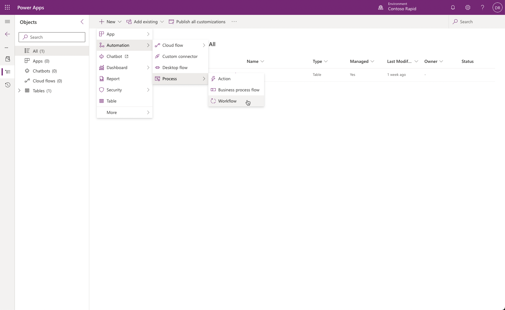 Screenshot of the steps to create a classic workflow in a Dataverse solution.