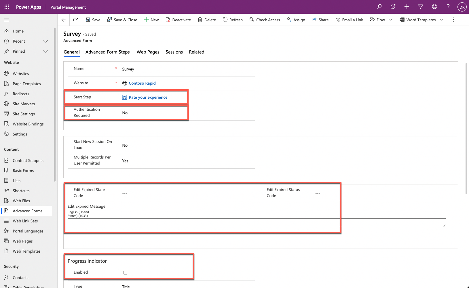 Screenshot of the multistep form properties in the Portal Management app.