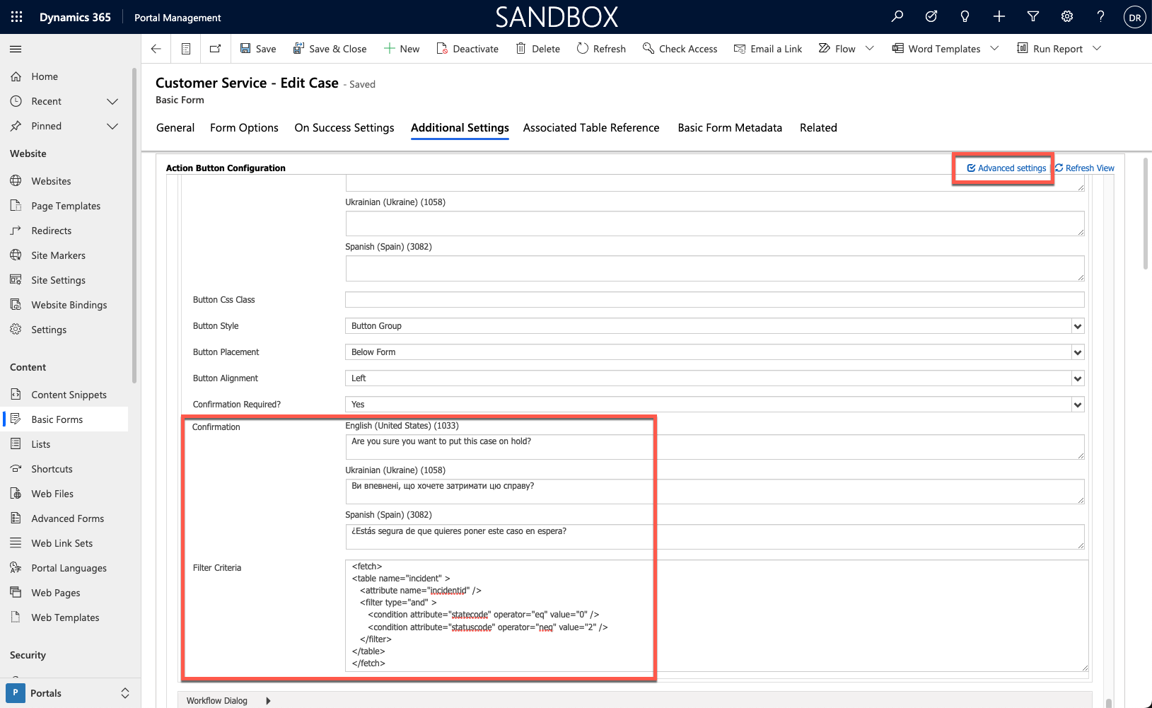 Screenshot of the Confirmation details and filter criteria.