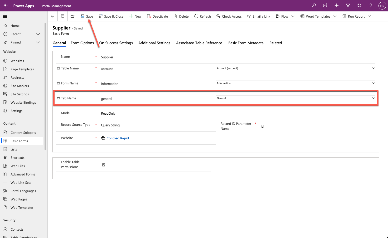 Screenshot of the Basic Form Portal Management metadata.