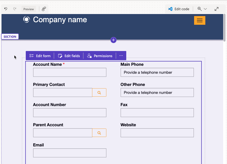 Screenshot of a WYSIWYG form on the page canvas in Power Pages design studio.