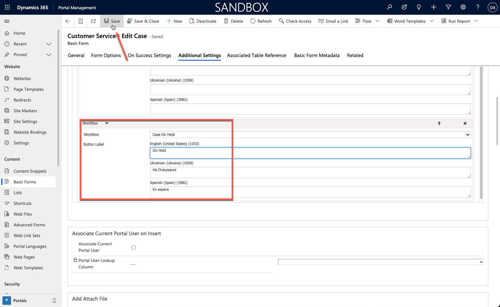 Screenshot of the Add workflow action and saving the basic form.